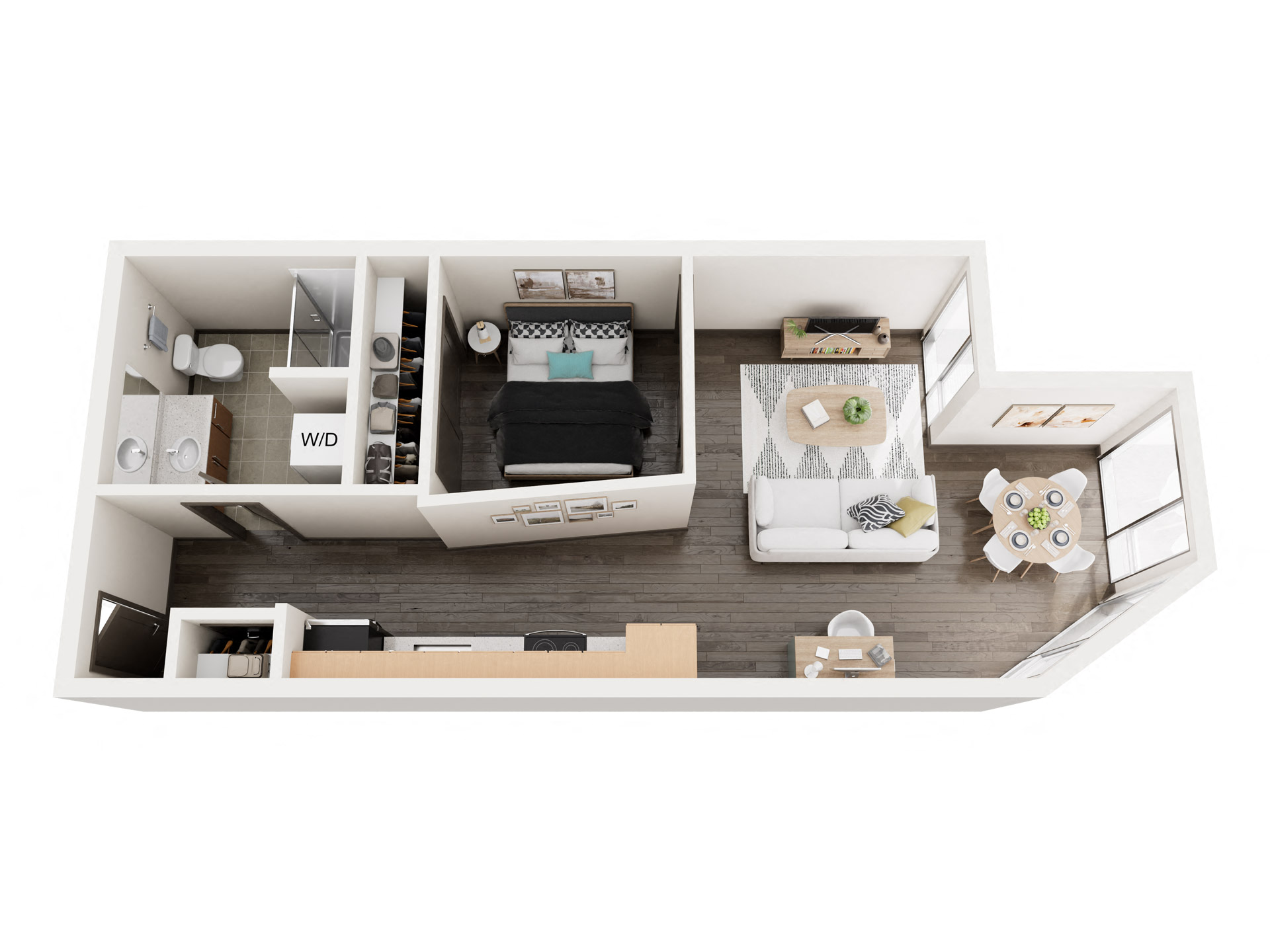 Floor plan for 1 bed, 1 bath, 629 sqft